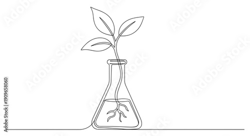 Continuous line drawing of plant in lab flask with roots. no editable stroke