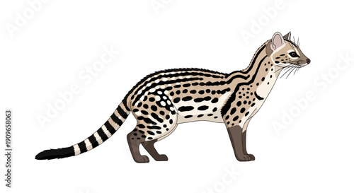 Illustration of a small spotted wild carnivorous mammal with striped tail.