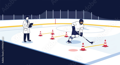Ice hockey player practicing drills on rink with cones and coach observing, illustration