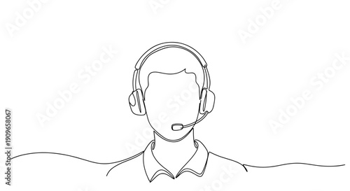 Line drawing of person wearing headset - minimalist outline art. no editable stroke