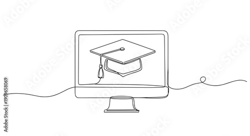 Online education concept with graduation cap on computer monitor. no editable stroke