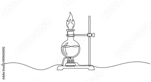 Line art chemistry experiment with bunsen burner and glass flask. no editable stroke