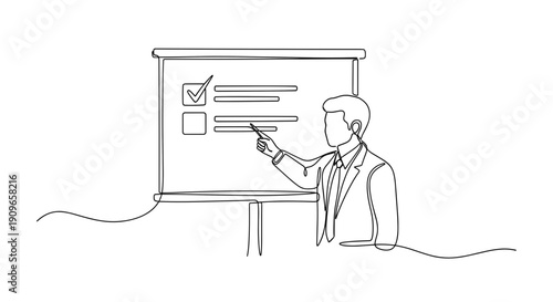 Outline of a male presenter giving a business presentation with a flip chart. no editable stroke