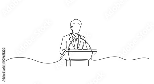 Line art of male speaker at podium giving speech in formal attire. no editable stroke