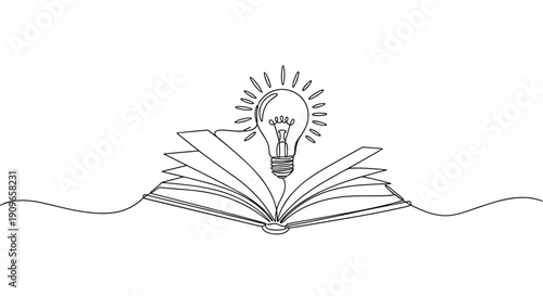 Open book with light bulb symbolizing creative ideas and knowledge. no editable stroke