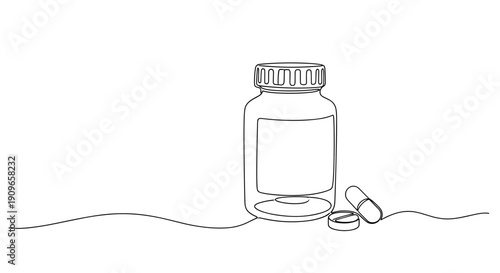 Minimalist line drawing of medicine bottle with capsules on white background. no editable stroke