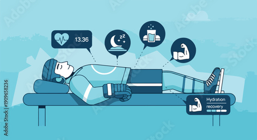Athlete recovering and monitoring health metrics like heart rate, sleep, hydration, and muscle strength