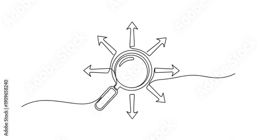 Magnifying glass with arrows pointing outward on white background. no editable stroke