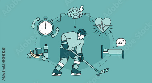 Hockey player's healthy lifestyle infographic: sleep, nutrition, fitness, and mental well-being for peak performance