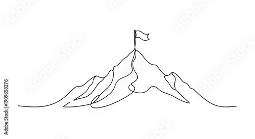 Continuous line drawing of mountain peaks with flag. no editable stroke