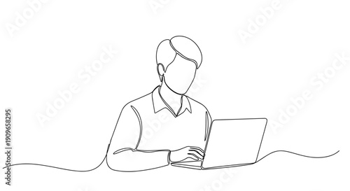 Continuous line drawing of young caucasian male using laptop. no editable stroke
