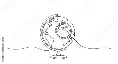 Line art of globe with magnifying glass highlighting europe and africa. no editable stroke