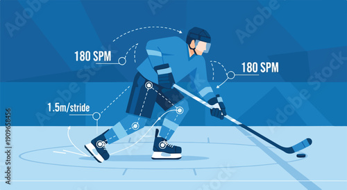 Ice hockey player in action with performance data: stride length and strokes per minute. Vector illustration depicting sports science and movement on ice.