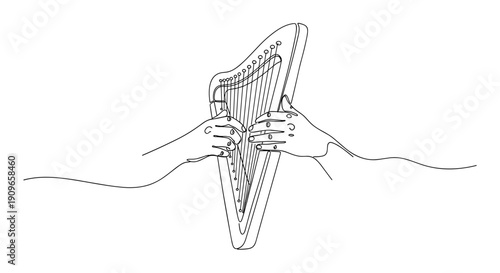 Line art of hands playing a harp. no editable stroke