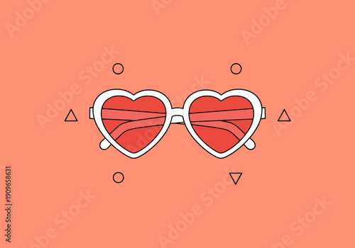 Heart Shaped Sunglasses on Coral Background with Geometric Shapes Symbolizing Fun Summer Style