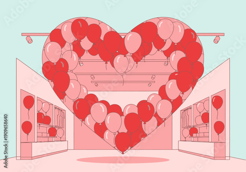 Innumerable Balloons Arranged Into a Large Heart Shape Suspended Above a Display Space with Recessed Lighting
