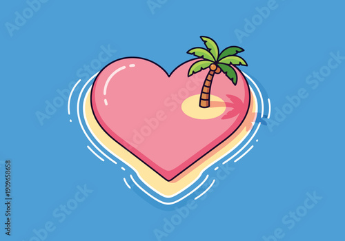Pink Heart Shaped Island With Palm Tree Floating In Ocean Water Symbolizing Love Vacation Escape Tropical Paradise Bliss Romance Getaway