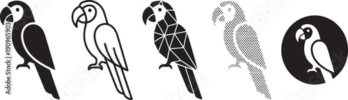 A set of five graphic design variations featuring a black and white parrot icon for branding purposes Vector