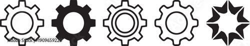 A row of five different black and white gear and cog icon variations for technology and settings Vector