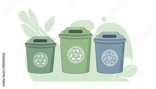 Three recycling bins with recycling symbols on them arranged together in a row on a clean background
