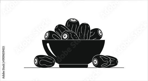 Bowl full of dates and loose dates scattered around silhouette for Ramadan breaking fast meal or healthy snack