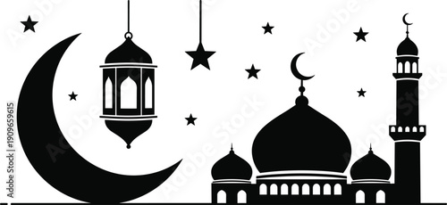 Ramadan kareem silhouette banner with hanging lantern mosque dome stars and crescent moon for islamic holy month design