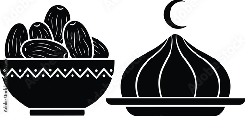 Dates in bowl and a traditional arabic tagine with crescent moon on transparent background vector set