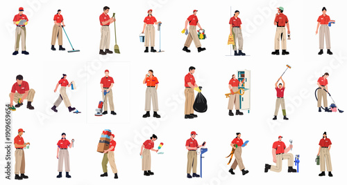Flat vector illustration set of diverse cleaning and maintenance service workers performing various facility management tasks with tools and equipment.