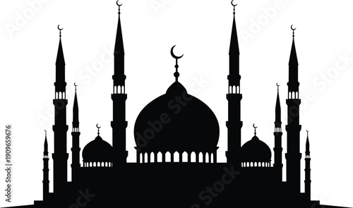 Grand mosque architecture silhouette with multiple minarets and central dome decorated with crescent moon for ramadan