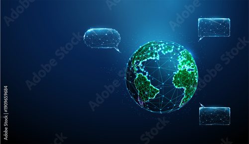 3d Earth globe surrounded by empty speech bubbles Global communication, network connectivity, digital interaction, online messaging, collaborative interaction concept.