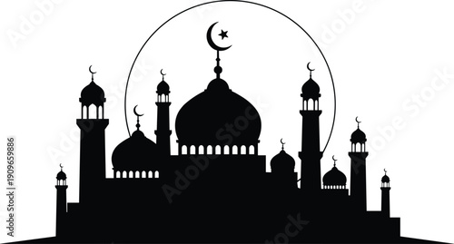 Grand mosque building with domes and minarets at sunset Islamic culture religious landmark silhouette vector
