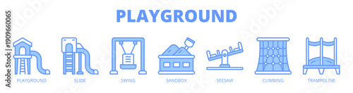 Playground web banner icon vector illustration concept for children outdoor play, with icon of playground equipment, slide, swing, sandbox, seesaw, climbing structure, and trampoline.