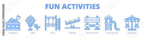 Fun Activities web banner icon vector illustration concept for children play activities, with icon of sandbox, dart game, ring game, seesaw, bench chair, playground area, and carousel.