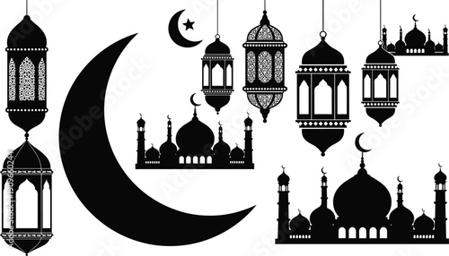 Muslim religious festival icons set featuring hanging lanterns mosque silhouettes and large crescent moon graphic
