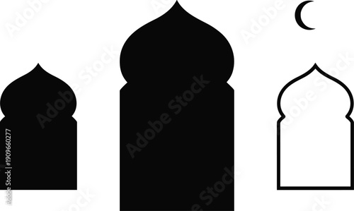 Islamic architecture archway silhouettes with dome shapes and crescent moon element for religious card background