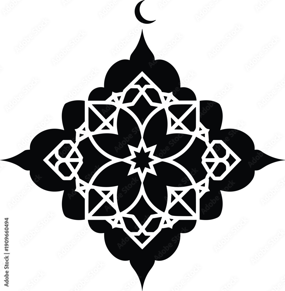 Fototapeta premium Abstract geometric islamic pattern ornament with crescent moon symbol for ramadan kareem vector greeting card design
