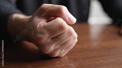 Wallpaper Mural A hand, curled into a fist, rests on a wooden table, dark background Torontodigital.ca
