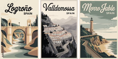 Logrono Spain Poster, arched stone bridge over winding river Valldemossa travel illustration