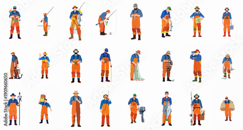 Vector set of male fishermen and outdoor workers in orange waders, engaged in various fishing, hunting, boating, and labor activities with essential gear.