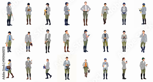 Vector illustration set of equestrians, featuring men and women riders, trainers, and judges in classic show attire with helmets and boots, performing competition and stable tasks.