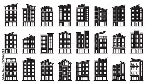 Residential apartment building icon set for housing development projects, property management software, urban planning applications, real estate listing platforms, and neighborhood mapping interfaces