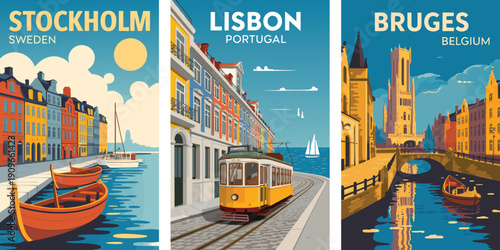 Stockholm Sweden Poster, colorful canal waterfront with boats Lisbon travel set
