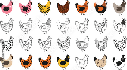 Thirty illustrated chicken vector designs, colorful and monochrome patterned hens, decorative farm animal artwork, playful poultry graphic illustration