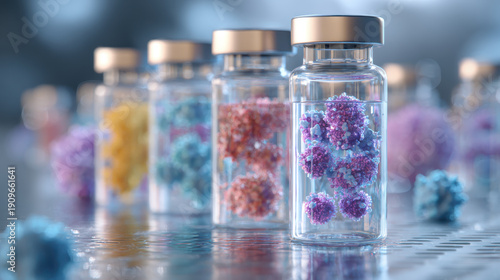 Vaccine research antibody vial, medical laboratory glass bottle, disease prevention concept background, scientific healthcare innovation focus