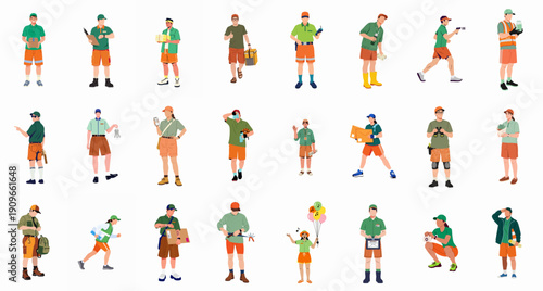 Diverse collection of service workers, couriers, and outdoor professionals in green and orange uniforms performing various tasks, isolated vector set.