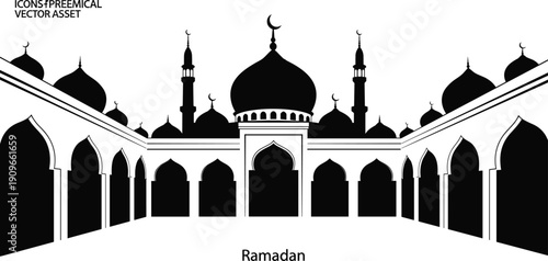 Grand mosque architecture silhouette with minarets and domes for ramadan kareem event banner or islamic greeting design
