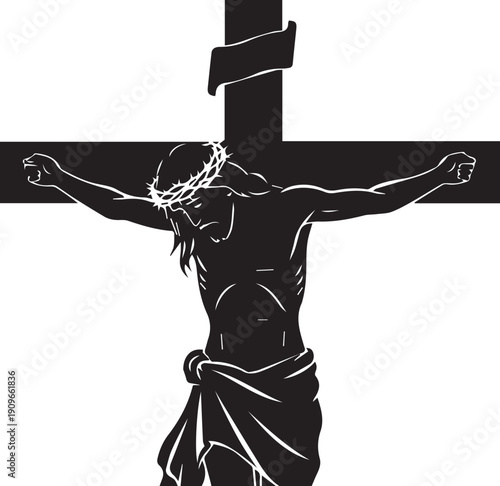 Jesus christ on cross vector silhouette illustration, line art christian crucifixion