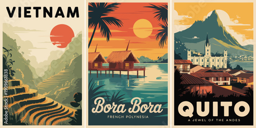 Vietnam Travel Poster, rice terraces landscape with bold sun retro style vector