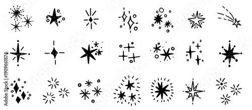 Glistering twinkling doodle star collection in hand drawn simple minimalistic style. Vector burst line space elements. 