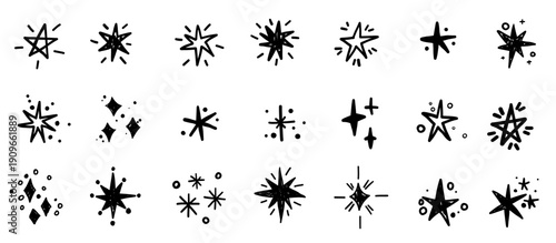 Twinkling glistering doodle star collection in hand drawn simple minimalistic style. Vector burst line space elements. 